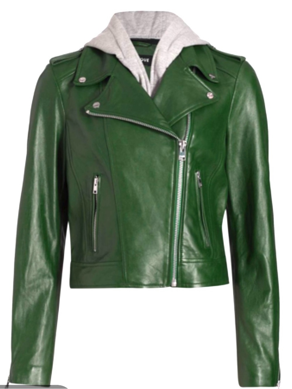 Lamarque lamb leather emerald Green Moto Jacket with Grey Hood